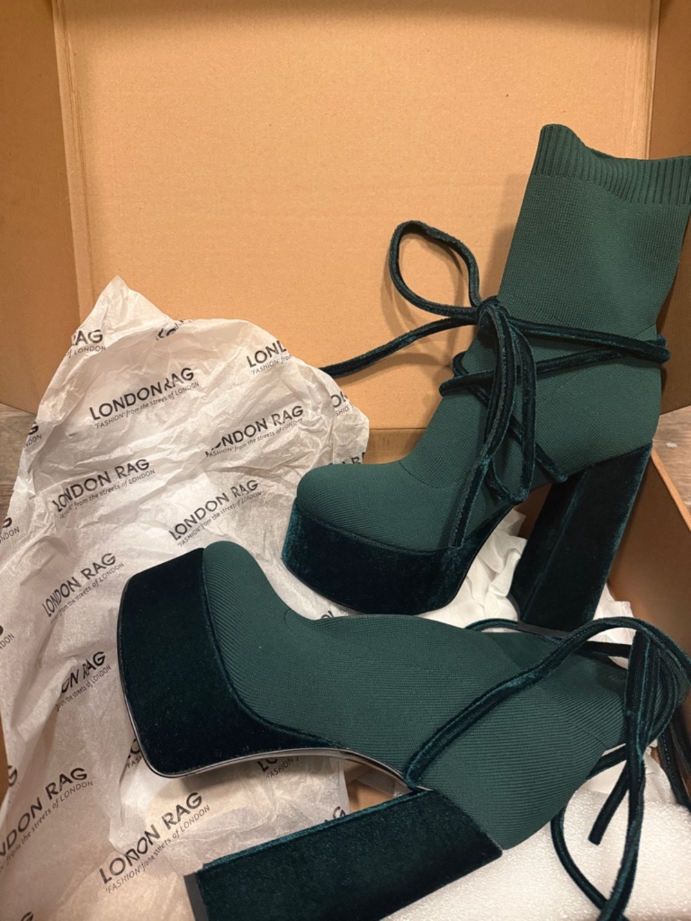 London Rag Dark Green Platform Lace-Up Sock Boot